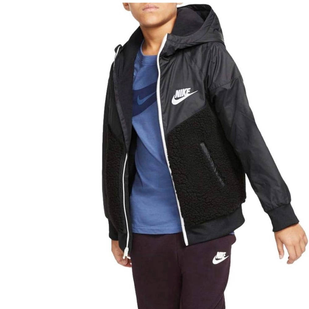 Nike Boys Windrunner Casual Jacket Fleece lined Sherpa detail black - XL
